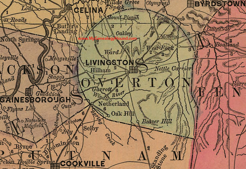 Overton County, Tennessee 1888 Map Livingston, Garrott, Oakley, Monroe, Windle, Netherland, Nettle Carrier, Ward, Hilham, TN