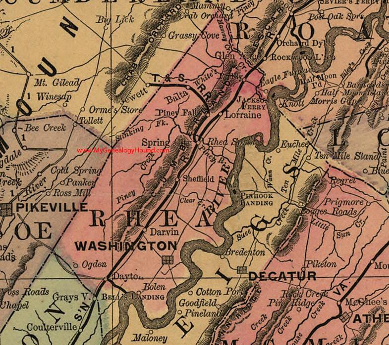 Rhea County, Tennessee 1888 Map Washington, Spring City, Dayton, Bolen, Ogden, Darvin, Sheffield, Balta, Lorraine, TN