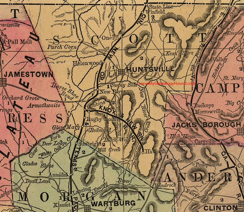 Scott County, Tennessee 1888 Map Huntsville, Oneida, Sunny Side, Winfield, Helenwood, Redmond, Haworth, Black Wolf, Robbins, Glen Mary, TN