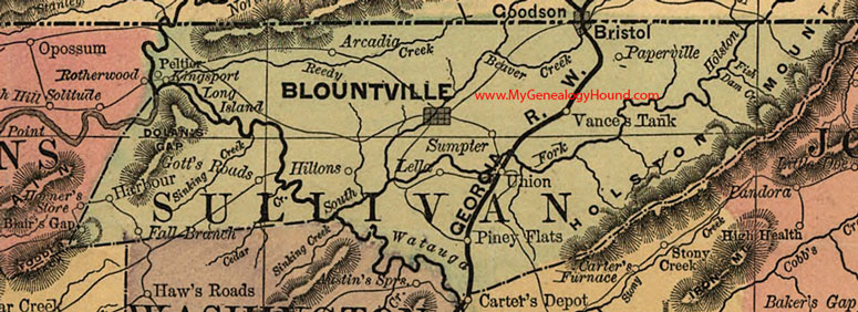 Sullivan County, Tennessee 1888 Map Blountville, Kingsport, Bristol, Peltier, Hiltons, Lella, Sumpter, Arcadia, Union, Paperville, TN