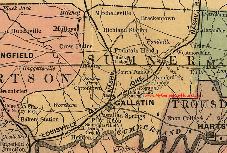 Sumner County, Tennessee 1888 Map Gallatin, Hendersonville, Westmoreland, Worsham, Alexander, Branford, Roganna, Cairo, Pilot Knob, TN