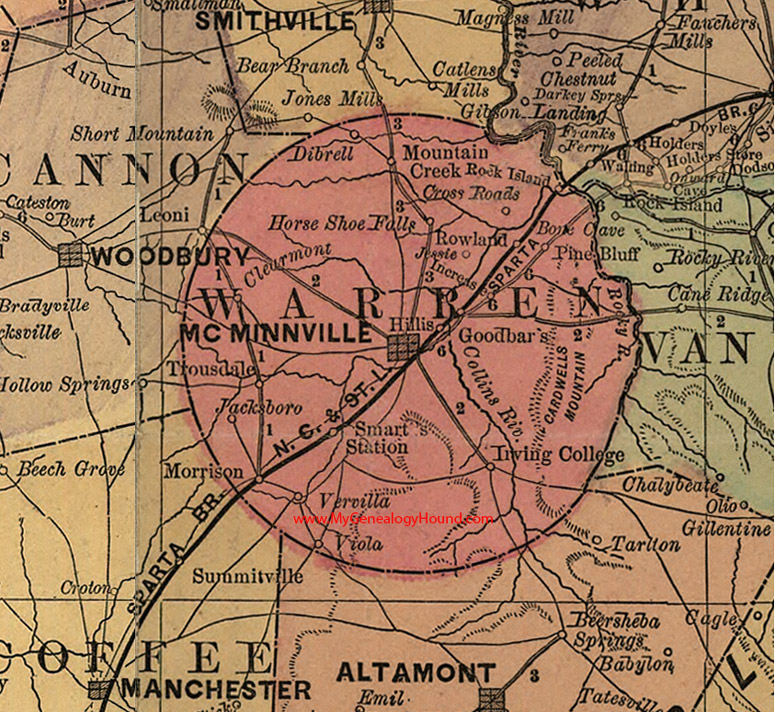 Warren County, Tennessee 1888 Map McMinnville, Viola, Dibrell, Trousdale, Jacksboro, Vervilla, Rowland, Hillis, Irving College, TN