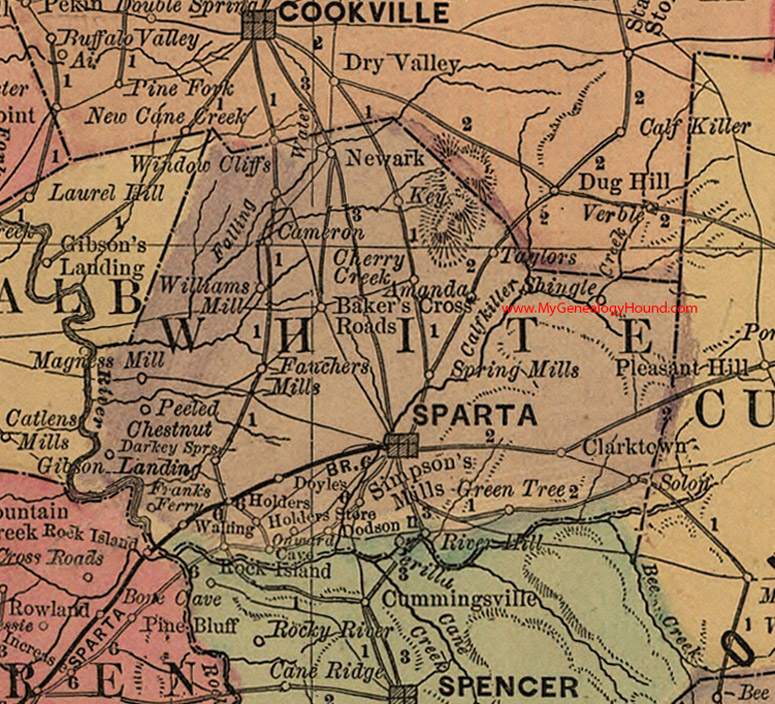 White County, Tennessee 1888 Map Sparta, Newark, Clarktown, Solon, Perilla, Onward Cave, Peeled Chestnut, Gibson Landing, Darkey Springs, TN