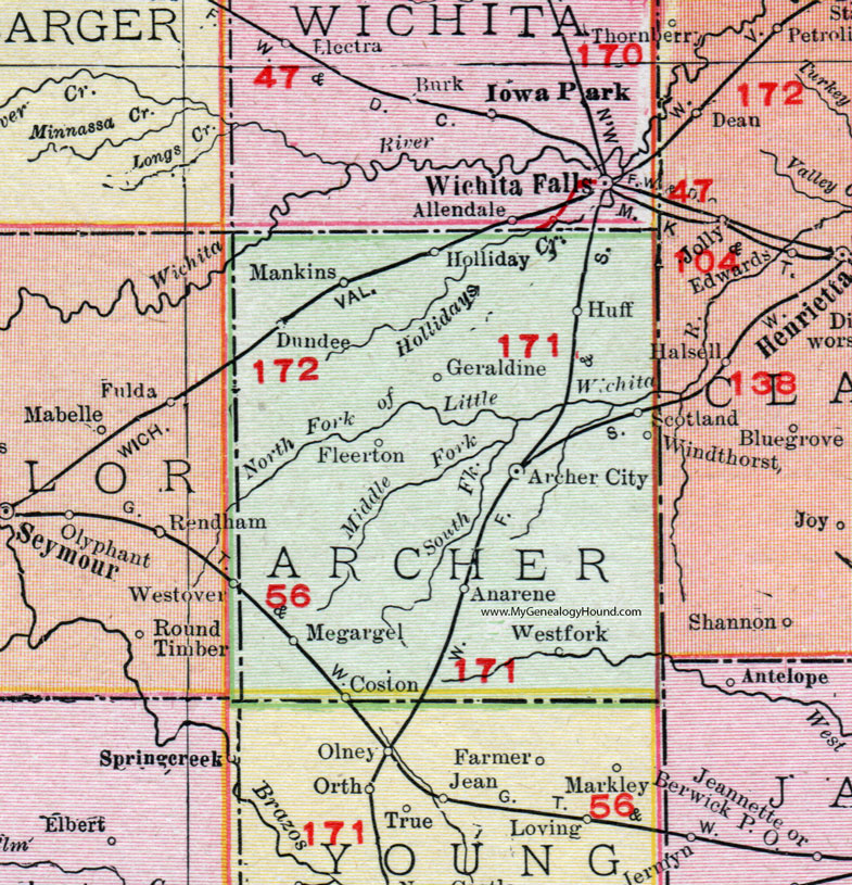 Archer County, Texas, 1911, Map, Rand McNally, Archer City, Scotland, Holliday, Megargel, Dundee, Windthorst, Fleerton