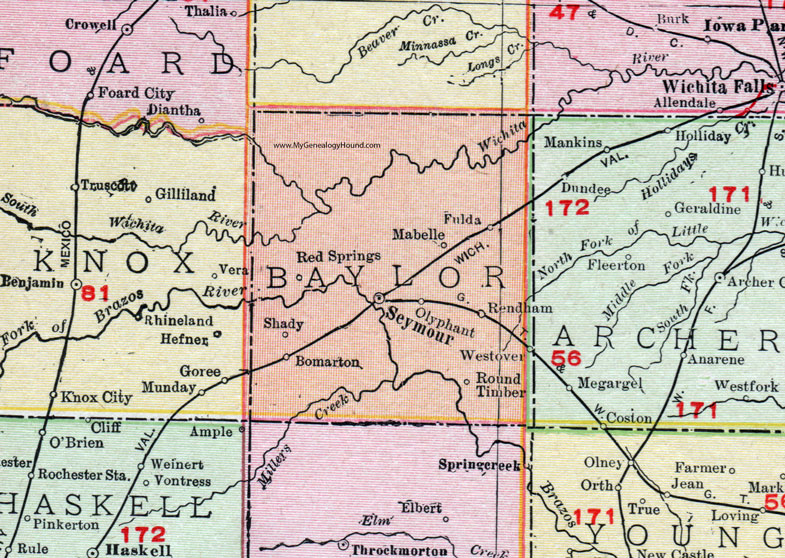 Baylor County, Texas, 1911, Map, Rand McNally, Seymour, Bomarton, Rendham, Fulda, Mabelle, Olyphant, Westover, Red Springs