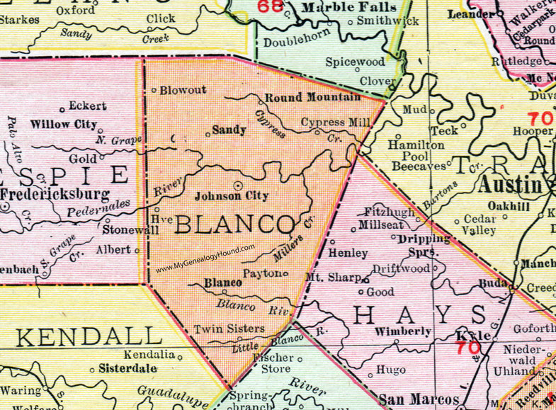 Blanco County, Texas, Map, 1911, Johnson City, Blanco City, Round Mountain, Sandy, Payton, Blowout