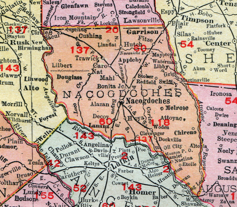 TX Nacogdoches County Texas 1911 Map Rand McNally 