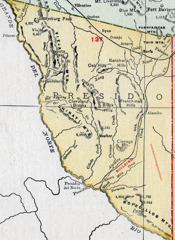 Presidio County, Texas 1911 Map, Rand McNally, Marfa, Nopal, Ryan, Candelaria, Aragon, Shafter, Paisano