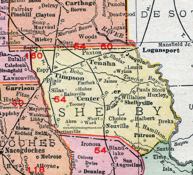 Map Of Texas  Center Shelby County, Texas, 1911 Map, Rand McNally, Center, Timpson, Tenaha