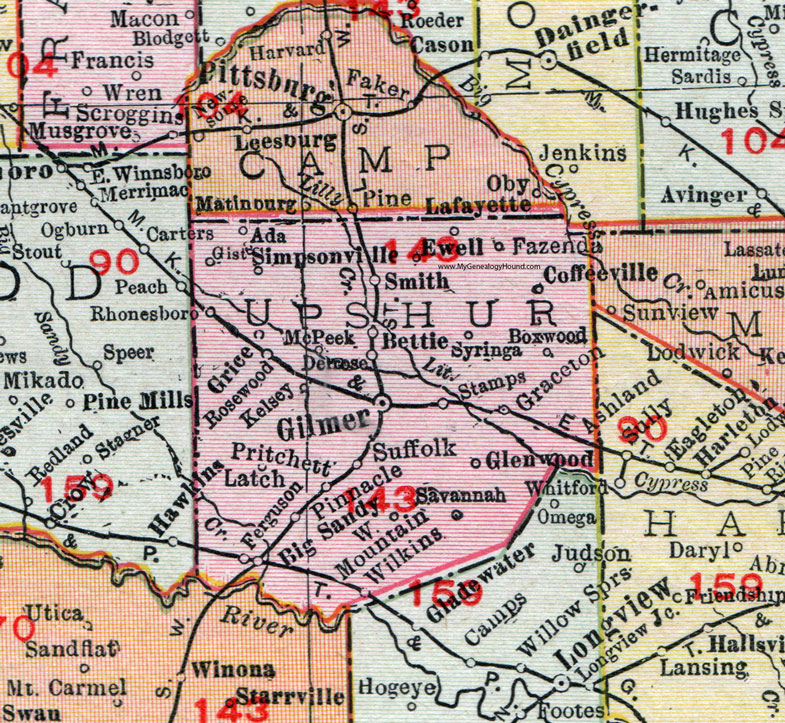 Upshur County Texas 1911 Map Rand McNally Gilmer Big Sandy Glenwood