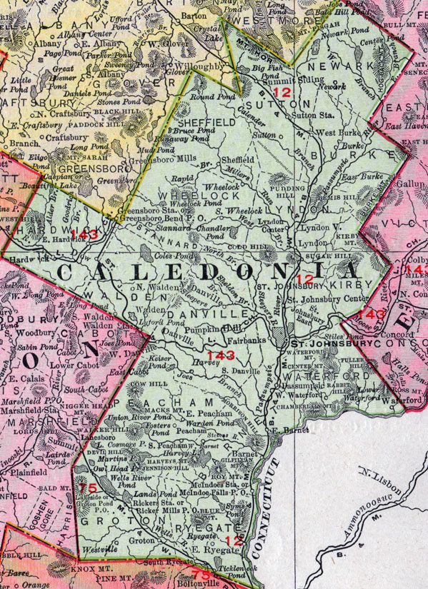 Caledonia County, Vermont, 1911, Map, Rand McNally, St. Johnsbury, Lyndonville, West Burke, Hardwick, Danville, Groton, Ryegate, Sheffield