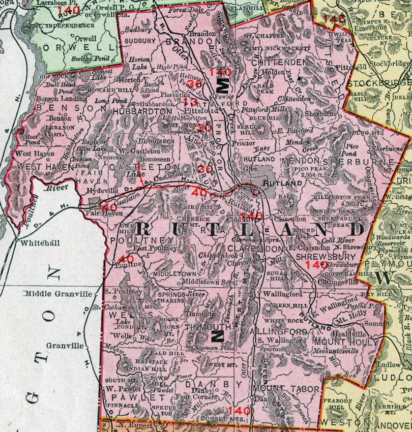Rutland County, Vermont, 1911, Map, Rand McNally, Fair Haven, Poultney, Wallingford, Proctor, West Rutland, Brandon, Forest Dale, Pittsford, Pittsfield, Chittenden, Benson, Castleton
