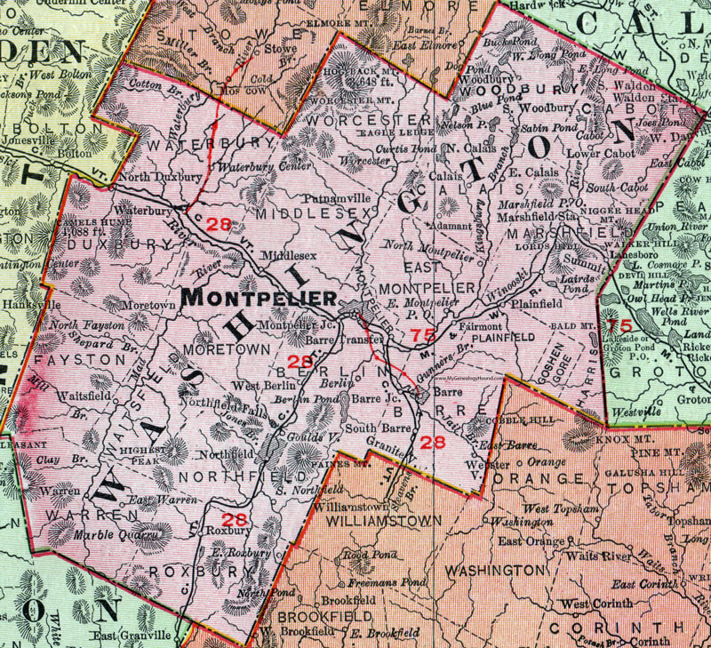 Washington County, Vermont, 1911, Map, Rand McNally, Montpelier, Waterbury, Barre, Northfield, Cabot, Worcester, Woodbury, Plainfield, Marshfield, Websterville, South Barre, Waitsfield, Moretown, Warren