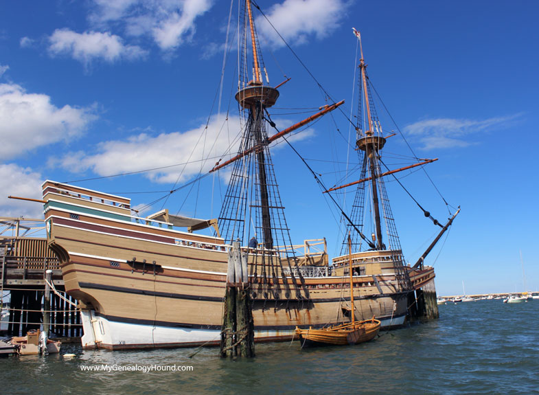 The replicated Mayflower ship known as Mayflower II sitting at dock in the harbor at Plymouth, Massachusetts.