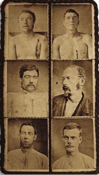 The dead and captured members of the James-Younger Gang after the attempted robbery of the First National Bank in Northfield, Minnesota