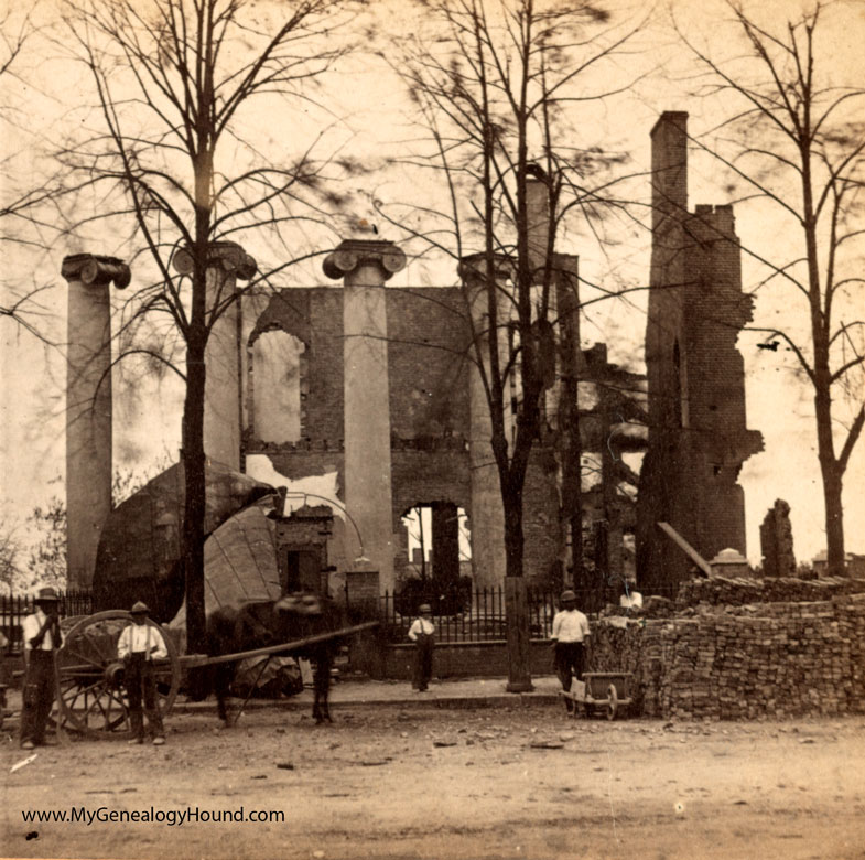 The Bank of Chambersburg, Pennsylvania burned during the Civil War on July 30, 1864, historic photo, front view