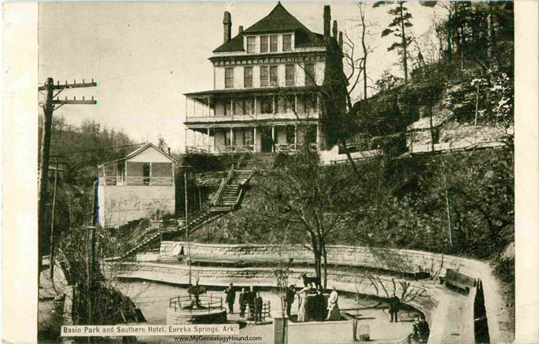 Eureka Springs, Arkansas, Basin Park and Southern Hotel, vintage postcard, historic photo
