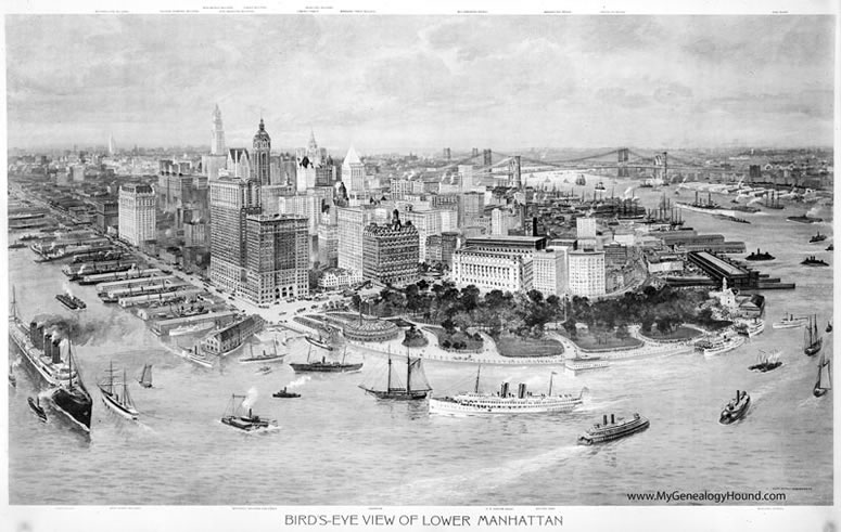 New York Birds eye view of Lower Manhattan, Barge Office, Castle Garden, vintage print