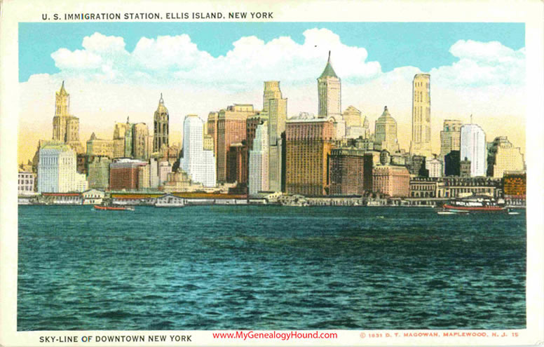 Ellis Island Sky Line of Downtown New York Vintage Postcard