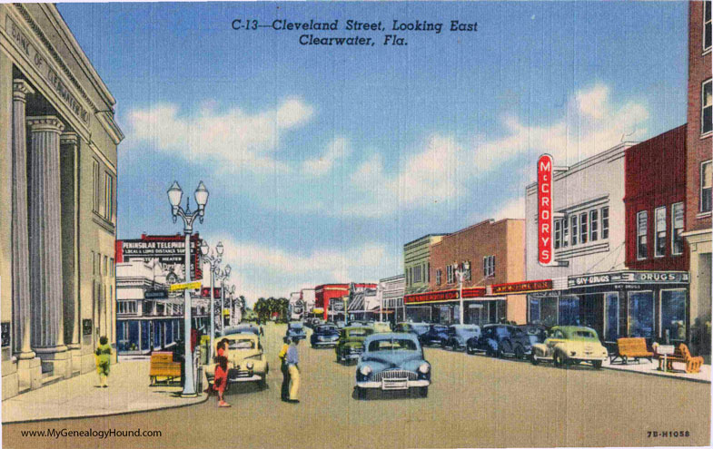 Clearwater, Florida, Cleveland Street looking East, vintage postcard photo