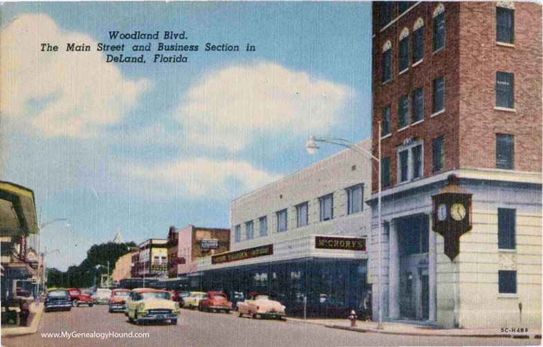 DeLand, Florida, Woodland Blvd., Main Street and Business Section, vintage postcard photo