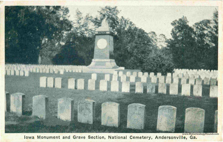 Iowa Monument and Grave Section, National Cemetery, Andersonville, Georgia, vintage postcard, photo