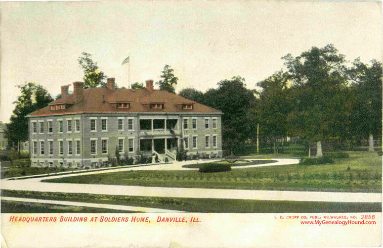 Danville, Illinois, Headquarters Building at Soldiers Home, vintage postcard, historic photo