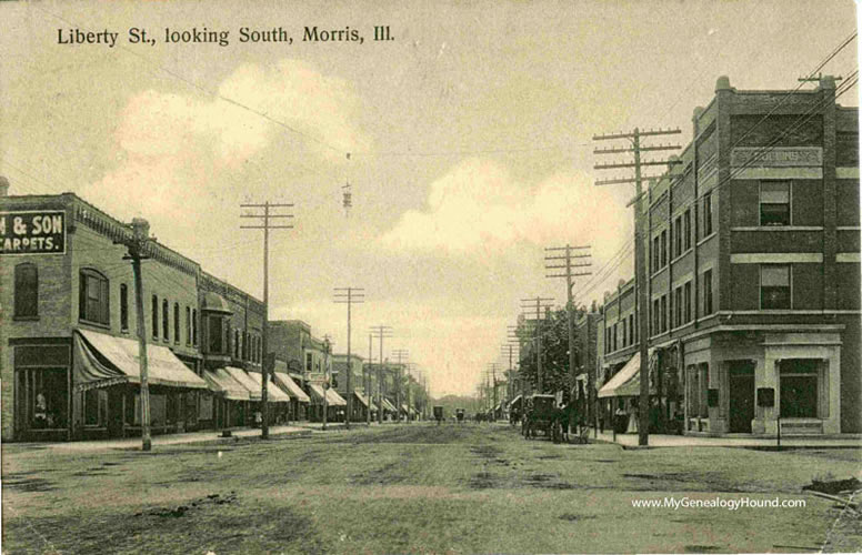 Morris, Illinois, Liberty Street, looking South, vintage postcard, historic photo