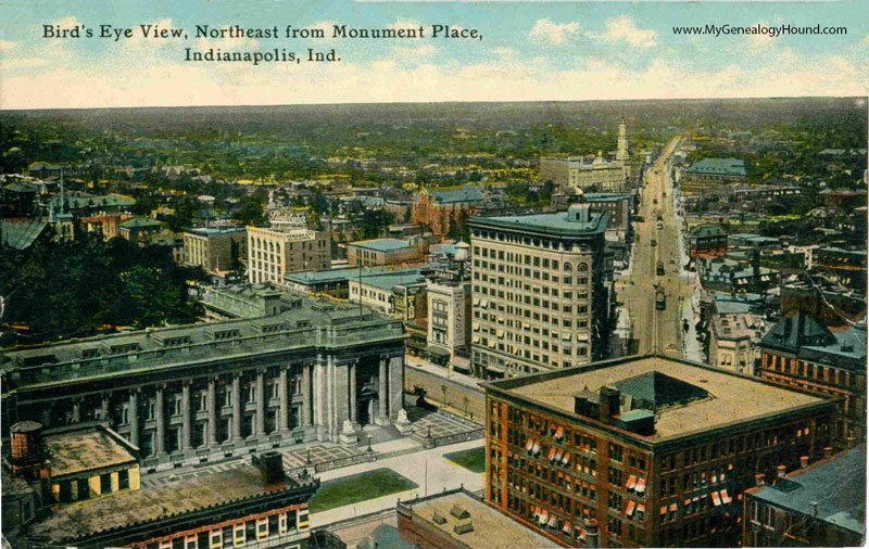 Indianapolis, Indiana, Birds Eye View Northeast from Monument Place, vintage postcard, historic photo