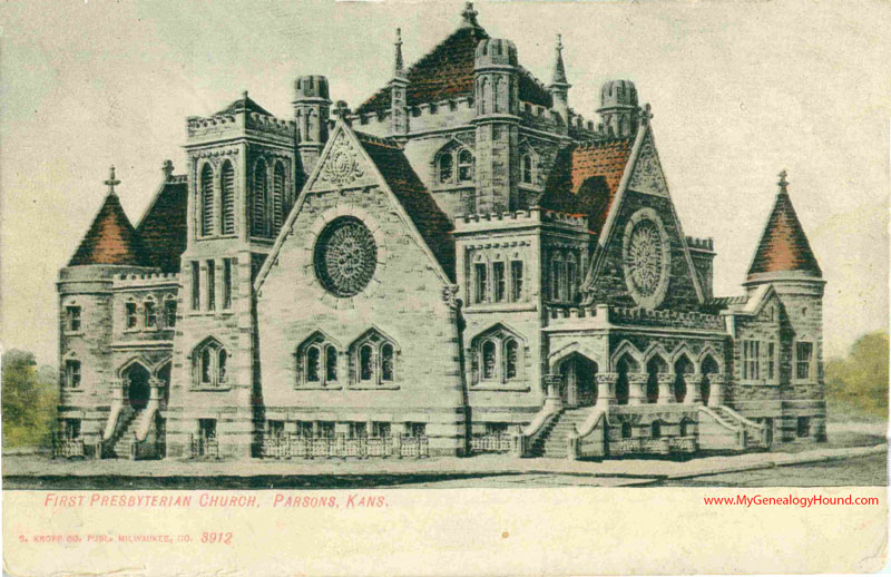 Parsons, Kansas, First-Presbyterian Church, vintage postcard, historic photo