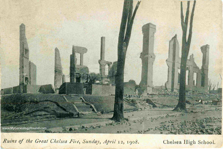 Ruins of the Chelsea High School after the Great Chelsea Fire.