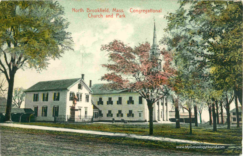 North Brookfield, Massachusetts, Congregational Church and Park, vintage postcard, historic photo