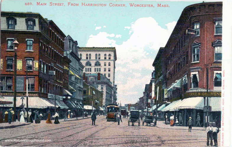 Worcester, Massachusetts, Main Street from Harrington Corner, vintage postcard photo, color