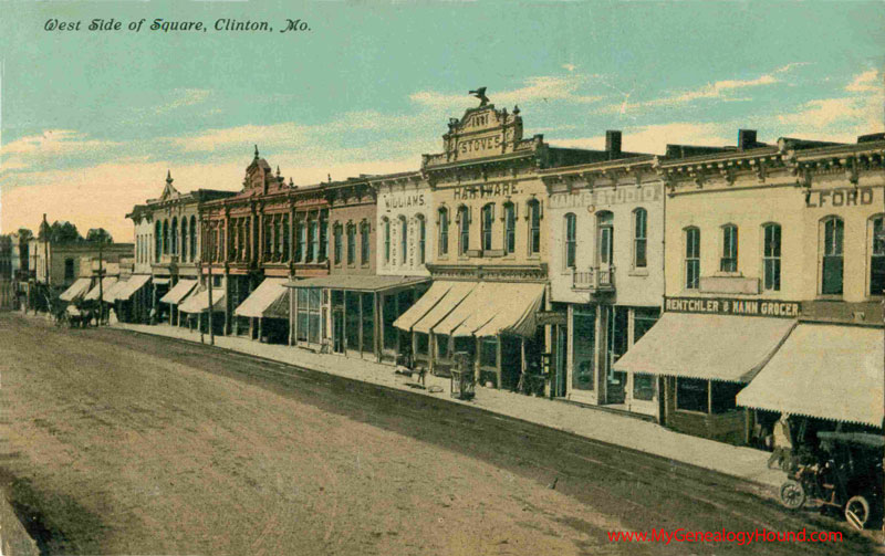 Clinton, Missouri, West Side of Square, Street scene, vintage postcard, Historic Photo