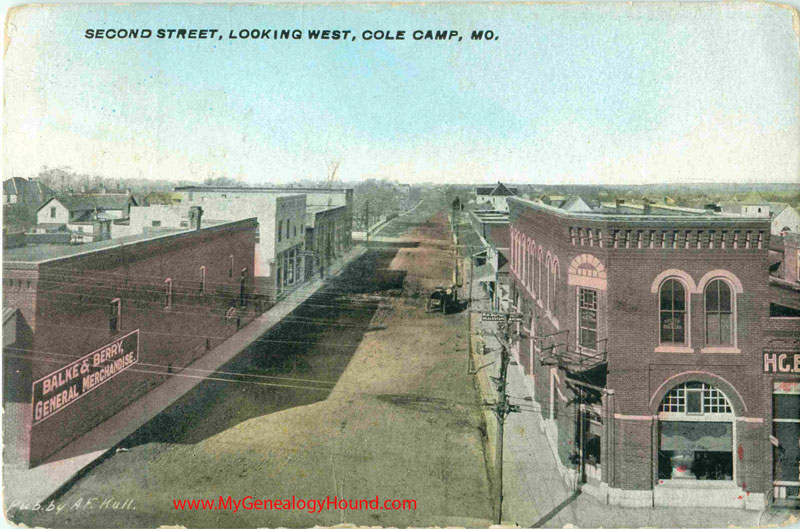 Cole Camp, Missouri Second Street Looking West, vintage postcard, historic photo