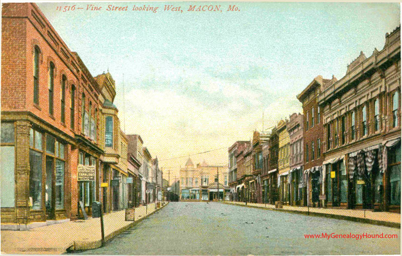 Macon, Missouri Vine Street looking East, vintage postcard, view, historic photo