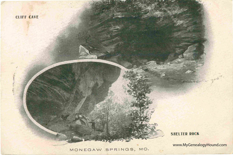 Monegaw Springs, Missouri, Cliff Cave, Shelter Rock, vintage postcard, historic photo