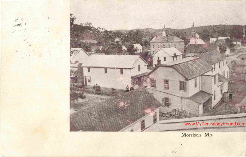 Morrison, Missouri, Town View, church, school, vintage postcard, Historic Photo