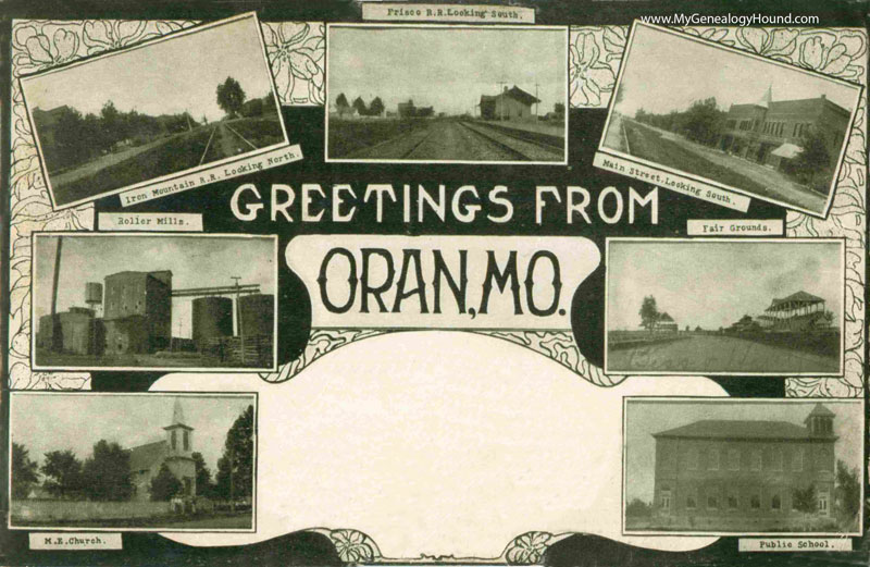 Oran, Missouri vintage postcard, historic photo, Iron Mountain R. R., Frisco R. R., Main Street, Roller Mills, Fair Grounds, M. E. Church, Public School