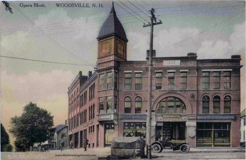 Opera Block building, Woodsville, New Hampshire. A stone in the top trim indicates that this building was built in 1890. postcard, photo