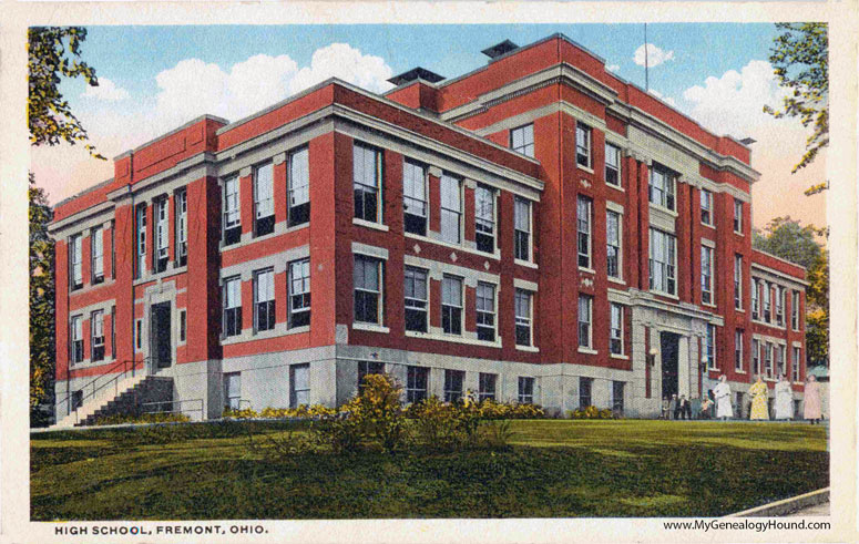 A later view of High School building, Fremont, Ohio, vintage postcard, photo.