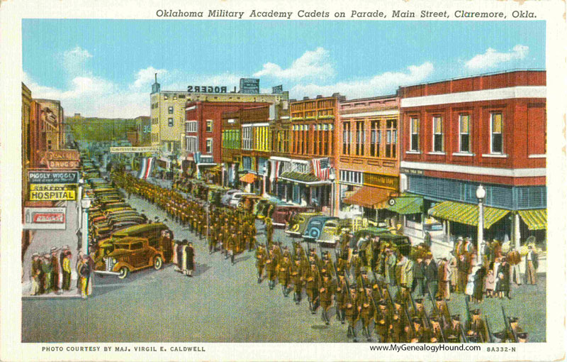 Claremore, Oklahoma Military Academy Cadets on Parade, Main Street, vintage postcard, historic photo