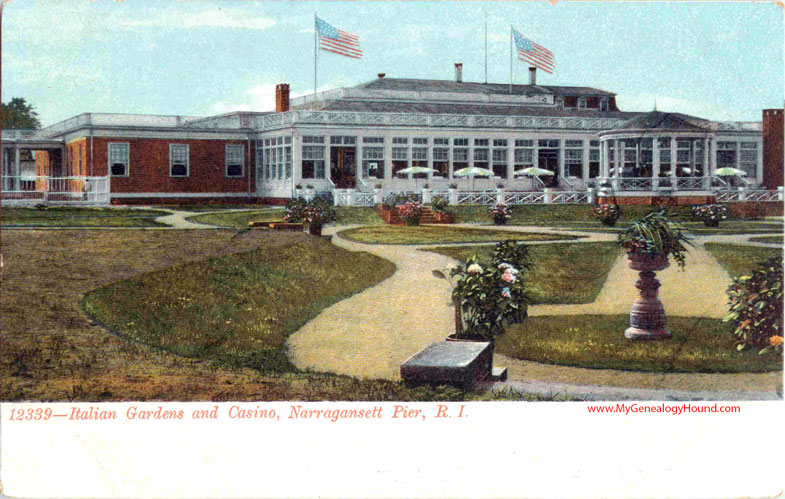Narragansett Pier, Rhode Island, Italian Gardens and Casino, vintage postcard, photo