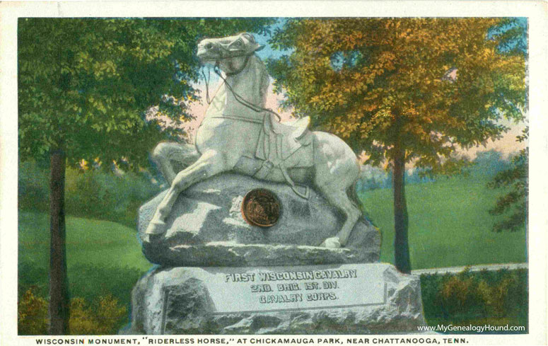 Chattanooga, Tennessee, First Wisconsin Cavalry Monument, Riderless Horse, Chickamauga Park, vintage postcard photo