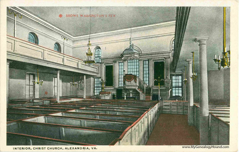 Interior view of Christ Church, Alexandria, Virginia, George Washington's pew, vintage postcard