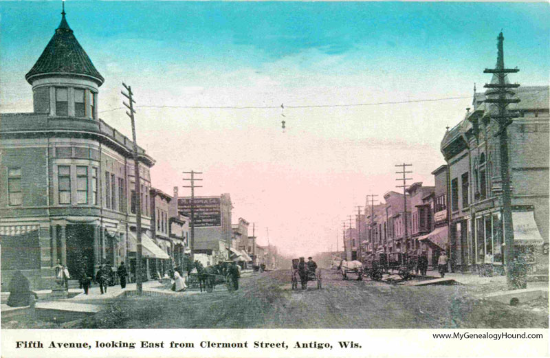 Antigo, Wisconsin, Fifth Avenue looking East from Clermont Street, vintage postcard, historic photo