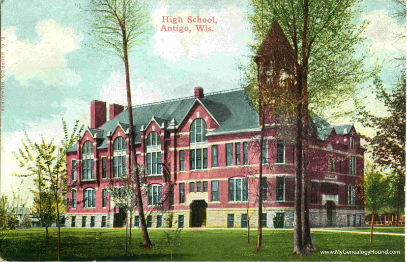 Antigo, Wisconsin, High School, vintage postcard, historic photo