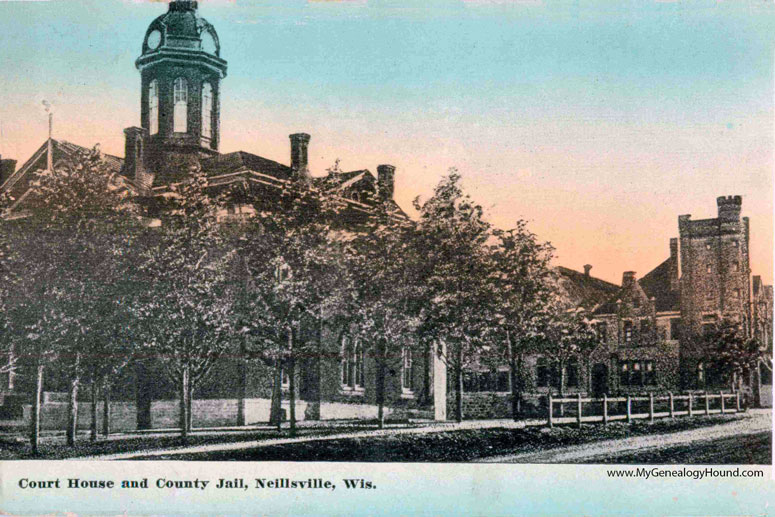 Neillsville, Wisconsin, Clark County Court House and County Jail, vintage postcard photo